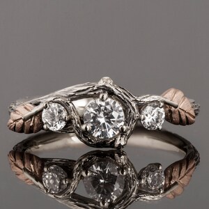 Three Stone White Gold Twig and Leaf Engagement Ring