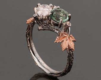 Moi Et Toi Two Stone Twig and Maple Leaf Engagement Ring set with Pear Shaped Lab-Grown Diamond and Mint-Green Tourmaline