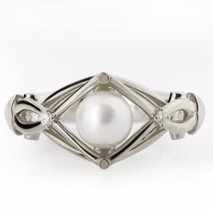 Braided Pearl Ring, 18K White Gold Pearl and Diamonds engagement ring, Pearl ring, unique engagement ring
