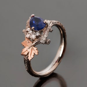 Pear Sapphire and Diamonds Cluster Ring, Twig and Maple Leaf Engagement Ring, Maple Leaf Sapphire Ring