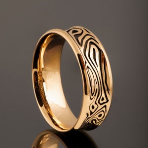 18K Gold Wedding Band, Textured Wedding Band, Black and Gold Band, Wood Band