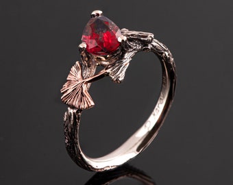 Twig and Ginkgo Leaf Engagement Ring, Tree Engagement Ring, Ginkgo Leaf Ruby Ring