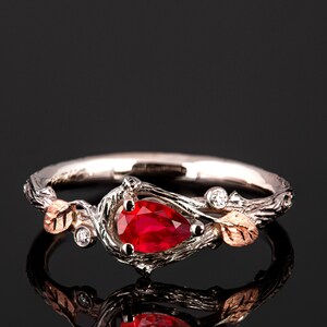 Twig and Leaves Black Engagement Ring Set with Pear-Shaped Vivid Red Ruby