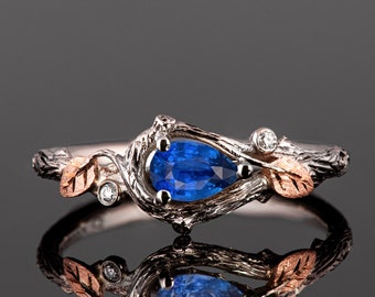 Twig and Leaves Black Engagement Ring Set with Pear-Shaped Vivid Blue Sapphire