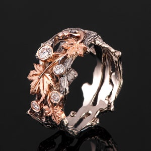 Massiver 18k Gold Zweig & Ahornblatt Breiter Ehering mit einem schwarzen Zweigband und Diamanten