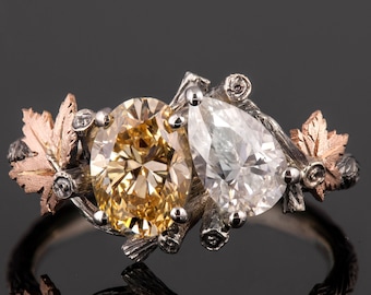 Yellow Oval Diamond and White Pear Diamond Moi Et Toi Two Stone Twig and Maple Leaf Engagement Ring