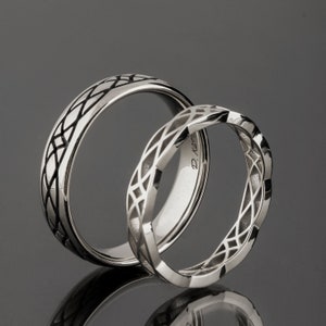 White Gold His and Hers Wedding Rings, His and Hers Celtic Wedding Band set, Positive Negative Wedding Bands