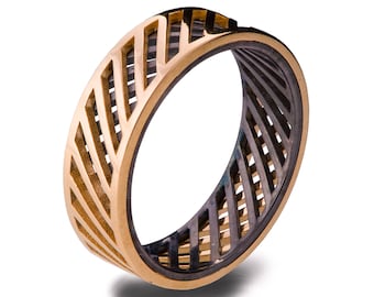 Gold Wedding Band, Men's 18K Rose Gold and Oxidized Silver Wedding band, steampunk, Wedding ring, black and gold ring, groom band, Grid 3