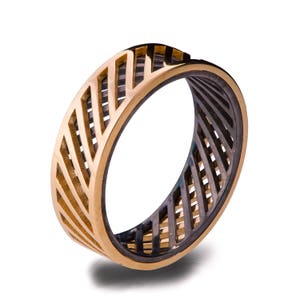 Gold Wedding Band, Men's 18K Rose Gold and Oxidized Silver Wedding band, steampunk, Wedding ring, black and gold ring, groom band, Grid 3