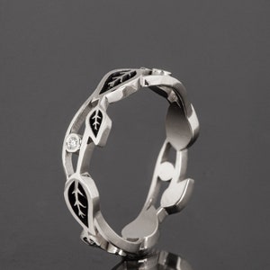 Black Leaves 18k White Gold Wedding Band, Leaves Diamond Ring