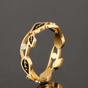 Black Leaves 18k Gold Wedding Band, Leaves Diamond Ring