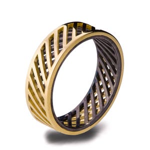 Gold Wedding Band, Men&#39;s 18K Gold and Oxidized Silver Wedding band, steampunk, Wedding ring, black and gold ring, groom band