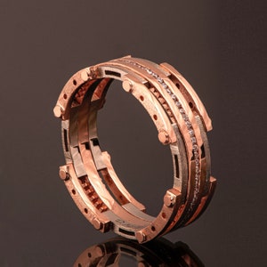 Gold Wedding Band, Men&#39;s 18K Rose Gold and Diamonds Wedding band, steampunk , Wedding ring, Men&#39;s Engagement Ring, steampunk band