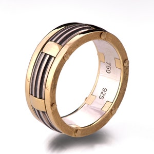 Gold Wedding Band, Men&#39;s 18K Gold and Sterling Silver Wedding band, steampunk, Wedding ring, silver and gold ring, BNG 10