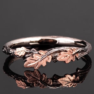 Dainty Twig and Oak Leaves Black and Rose Gold Wedding Band