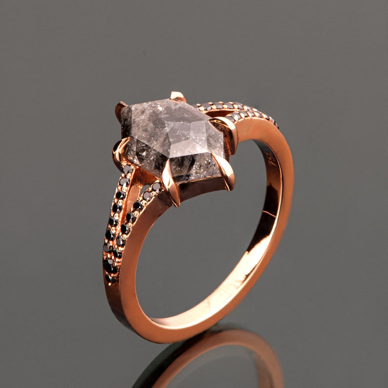 Solid 18k Rose Gold Salt & Pepper Hexagon Cut Diamond Engagement Ring image 4