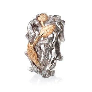 Twig and Leaf Wedding Ring, 18K Rose Gold Bark Wedding Ring, Unique Wedding ring, Two tone band, bark wedding ring, rose gold ring