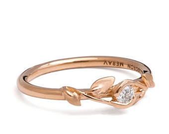 Dainty 18k solid Rose Gold leaves Engamenet Ring set with White Diamond