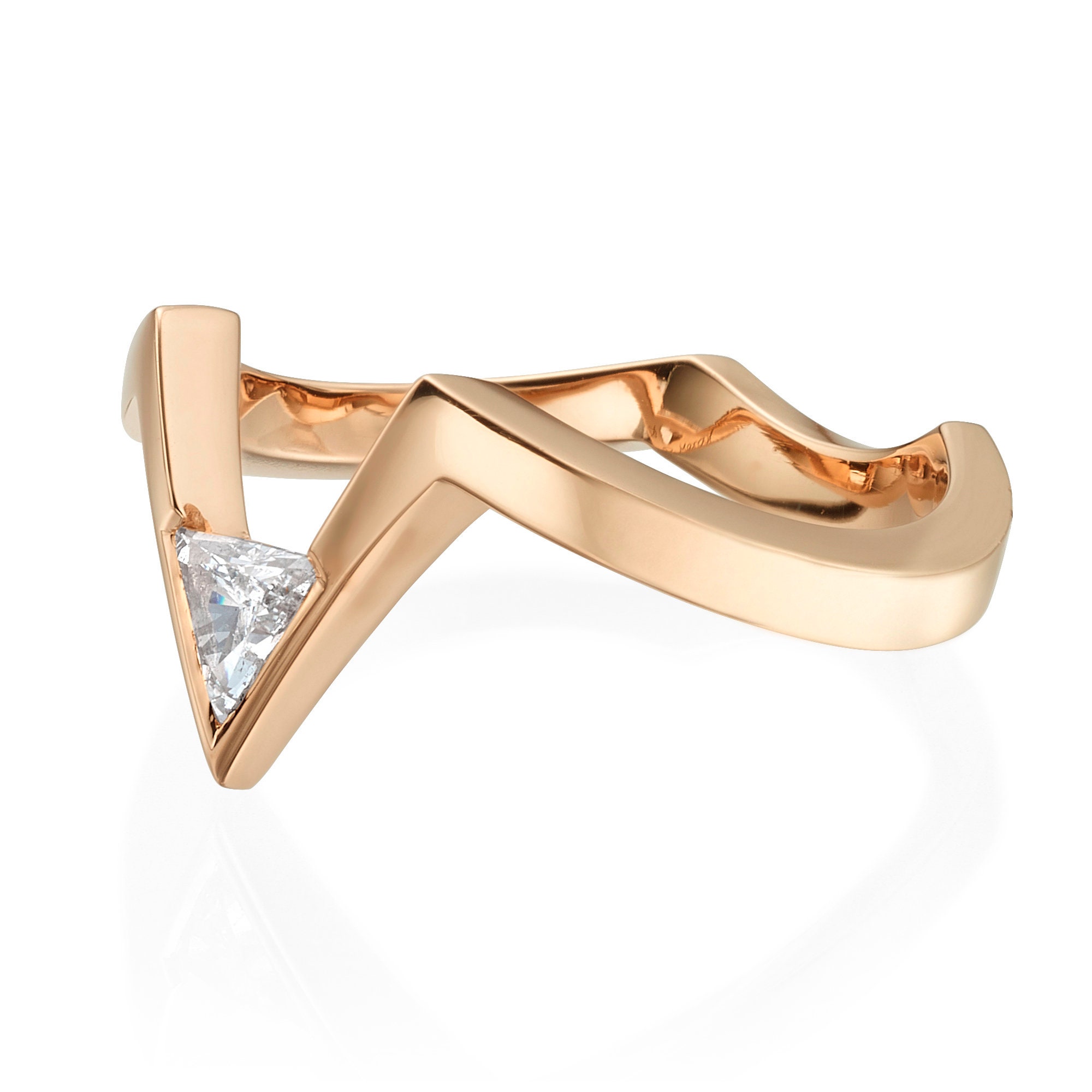 Rose Gold V Ring, Triangle Diamond Ring, Chevron Ring, Art Deco