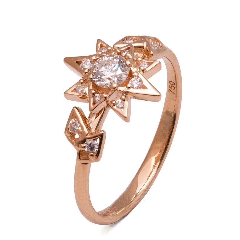 Diamond Art Deco Star Engagement Ring, Unique engagement ring, 18K Rose Gold Star ring, unique engagement ring, antique, vintage, halo ring image 2