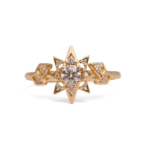 Art Deco Star Engagement Ring, Unique engagement ring, 18K Gold Star ring, unique engagement ring, game of thrones jewelry, halo ring