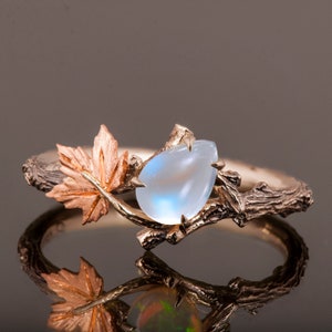 Twig and Leaf Engagement Ring, Moonstone engagement ring, Maple Leaf Moonstone Ring, Moonstone twig ring, 18k Rose Gold Moonstone Ring