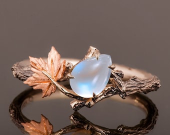 Twig and Leaf Engagement Ring, Moonstone engagement ring, Maple Leaf Moonstone Ring, Moonstone twig ring, 18k Rose Gold Moonstone Ring