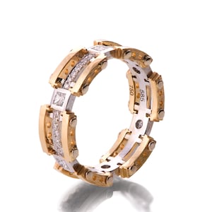 Men&#39;s 18K Gold, Diamond Wedding band, steampunk , Men&#39;s gold and diamond band