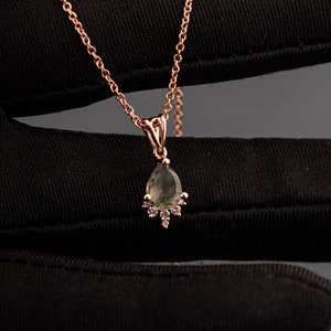 Green Moss Agate and Diamonds Minimalistic Tear Drop Pendant in Solid 18k Gold image 5