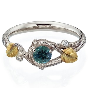 Teal Sapphire Ring, Twig and Leaf Engagement Ring, Twig Engagement Ring, Leaves Ring, Twig Ring, Engagement Ring