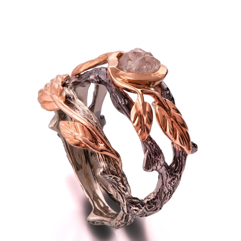 Twig and Leaf Engagement Ring 18K Rose Gold Rough Diamond Etsy Israel