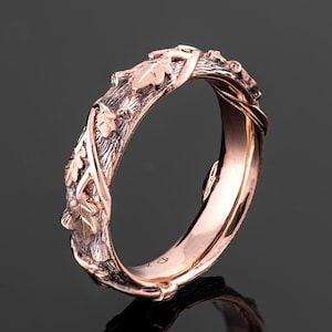 Twig and Oak Leaf Wedding Ring, 18K Rose Gold Bark Wedding Ring