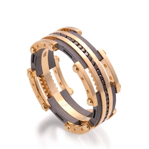 Gold Wedding Band, Men&#39;s 18K Gold and Black Diamond Wedding band, steampunk , Wedding ring, black and gold ring, steampunk band