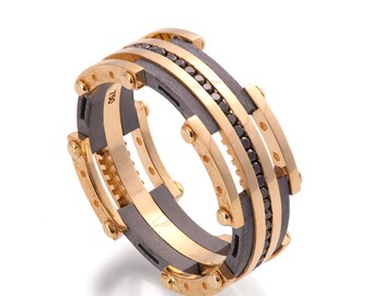 Gold Wedding Band, Men&#39;s 18K Gold and Black Diamond Wedding band, steampunk , Wedding ring, black and gold ring, steampunk band