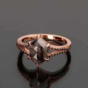 Solid 18k Rose Gold Salt & Pepper Hexagon Cut Diamond Engagement Ring image 5