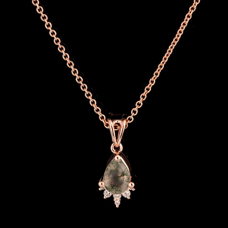 Green Moss Agate and Diamonds Minimalistic Tear Drop Pendant in Solid 18k Gold image 1