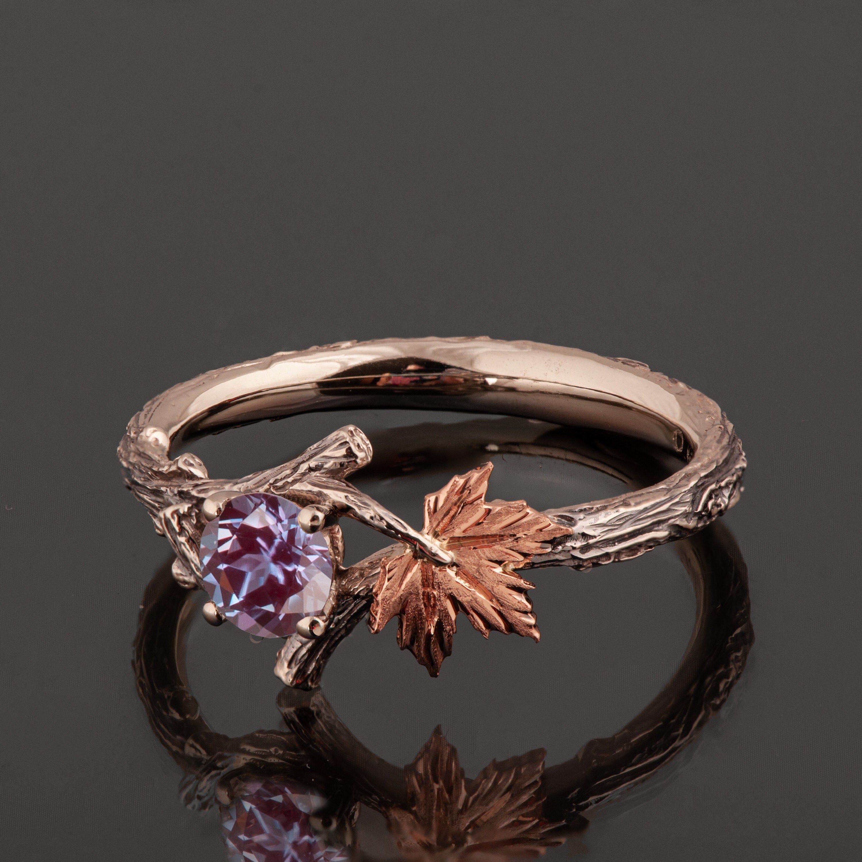 Maple Twig and Leaf Alexandrite Engagement Ring