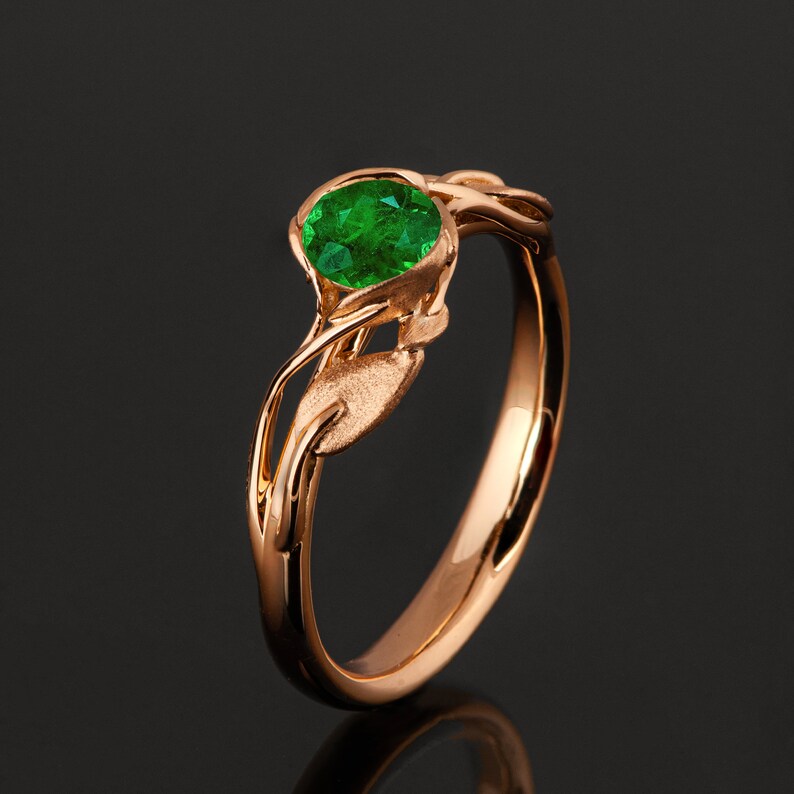 18k Rose Gold Emerald Leaves Engagement Ring image 4