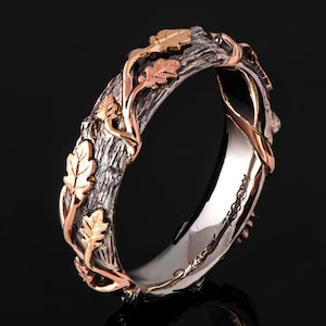 Twig and Oak Leaf Wedding Ring, 18K Rose Gold Bark Wedding Ring