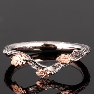 Twig and Oak Leaf Wedding Ring, 18K Gold Bark Wedding Ring