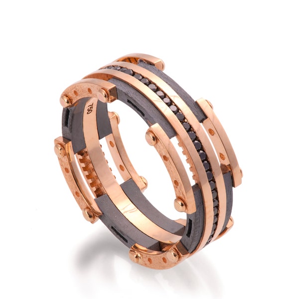 Gold Wedding Band, Men's 18K Rose Gold and Black Diamond Wedding band, steampunk , Wedding ring, black and gold ring, steampunk band