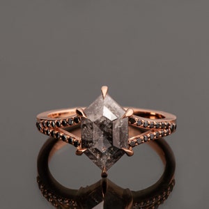 Solid 18k Rose Gold Salt & Pepper Hexagon Cut Diamond Engagement Ring image 3