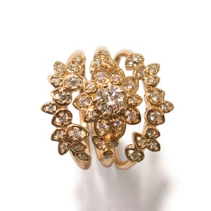Diamond Art Deco Petal Engagement Set - 18K Rose Gold and Diamond engagement ring, leaf ring, flower ring, antique, vintage, Wedding Set