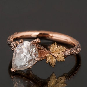 Twig and Leaf Engagement Ring, Twig Engagement Ring, Maple Leaf Moissanite Ring, Leaves Ring, Twig Ring, Engagement Ring