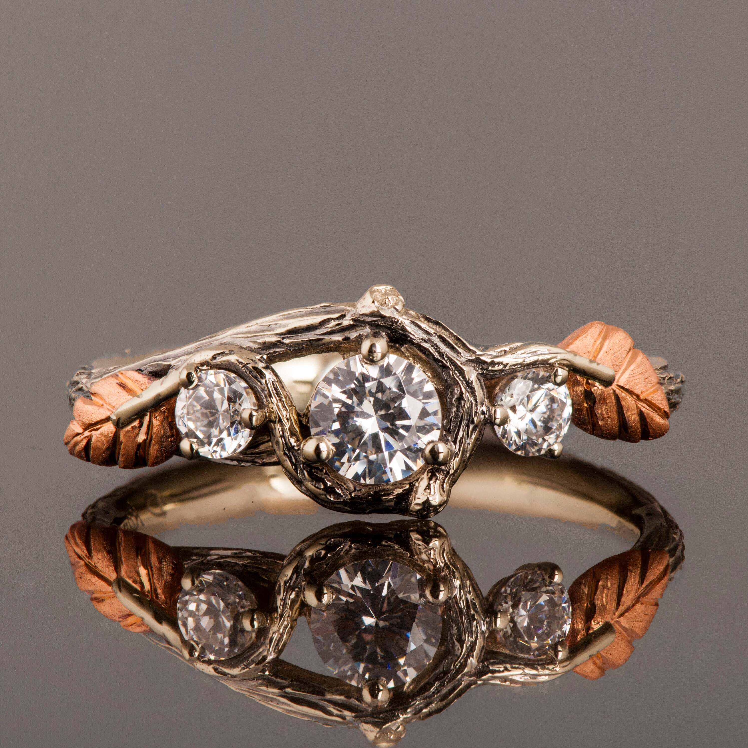 Three Stone Rose Gold Twig and Leaf Engagement Ring Etsy