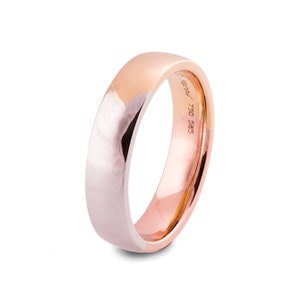 May include: A two-tone wedding band with a polished finish. The band is made of both white and rose gold. The inside of the band is engraved with "750 585".