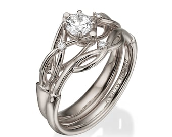 Braided Wedding Set, Celtic Bridal Set, 18K Gold and Diamonds engagement ring, unique engagement ring, white gold rings, knot bridal set