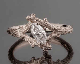 18k White Gold Marquise Diamond Twig Engagment Ring