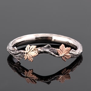 Dainty Twig and Maple Leaves Black and Rose Gold Wedding Band