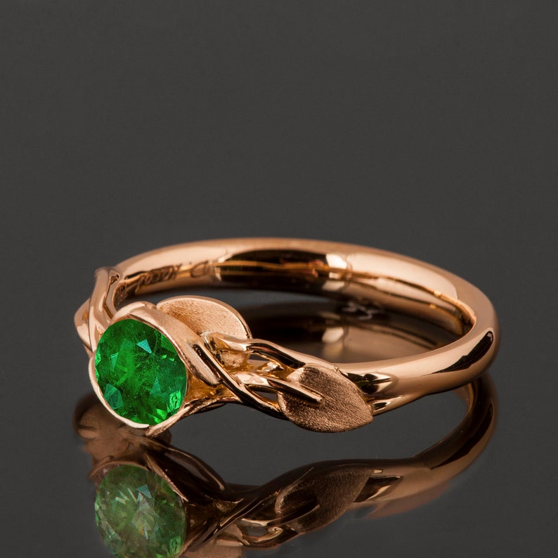 18k Rose Gold Emerald Leaves Engagement Ring image 3